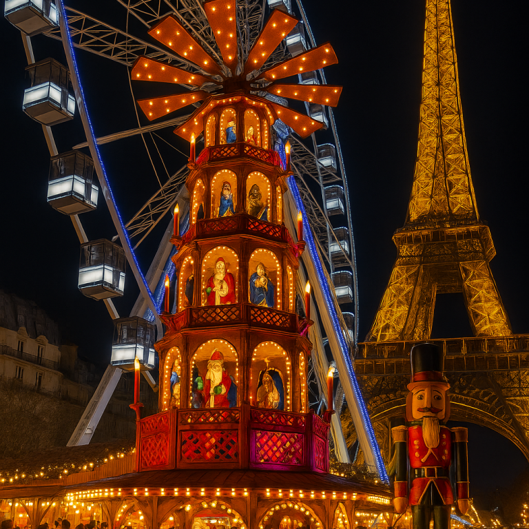 „Event-Pyramide in LED-Rot mit französischer Weihnachtsdeko“ „Rote Weihnachtsmarkt-Pyramide vor Riesenrad und winterlicher Kulisse“