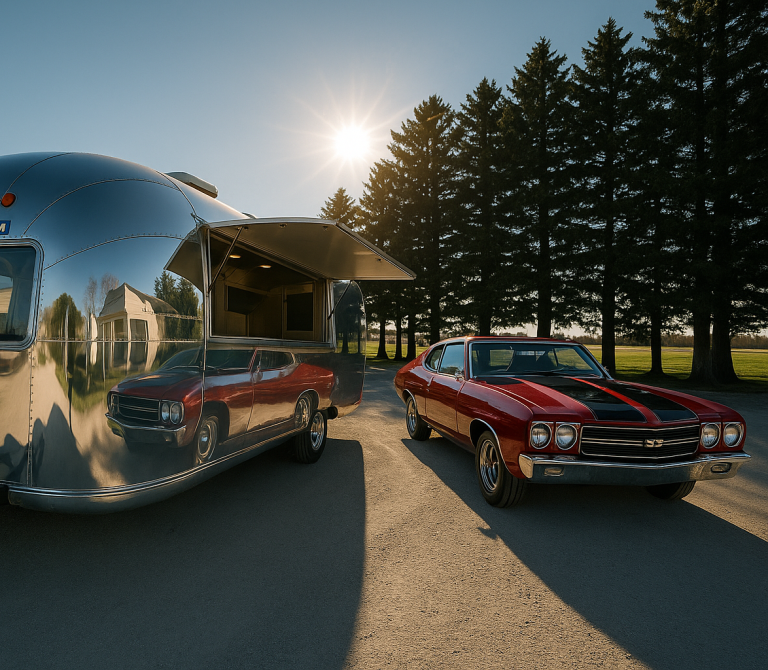 Retro-Stil US „Old Skull“ – Design-Showtruck mit Charakter Retro-Trailer im ikonischen Alu-Look mit US-Oldtimern – mobiles Showroom-Konzept mit Vintage-Charme und hoher Funktionalität