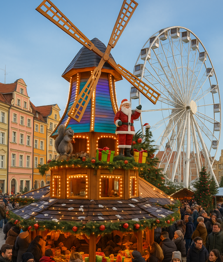 Weihnachtsmarkt Ausstattung kaufen Verkaufsstand mieten Almhütten & Holzstände für Wintermärkte beleuchtete Pyramide Eventmodul Weihnachtsmarkt Containerlösung Hütte mit Theke und Licht Beleuchtete Weihnachtspyramide mit Windrad-Optik & LED-Elementen vor Riesenrad auf Wintermarkt