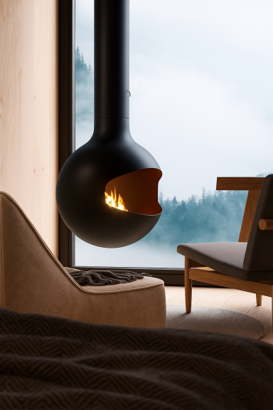 Wohlfühlzone mit Kamin Gemütlicher Wohnbereich mit Hängelampe und Holzofen im Tiny House