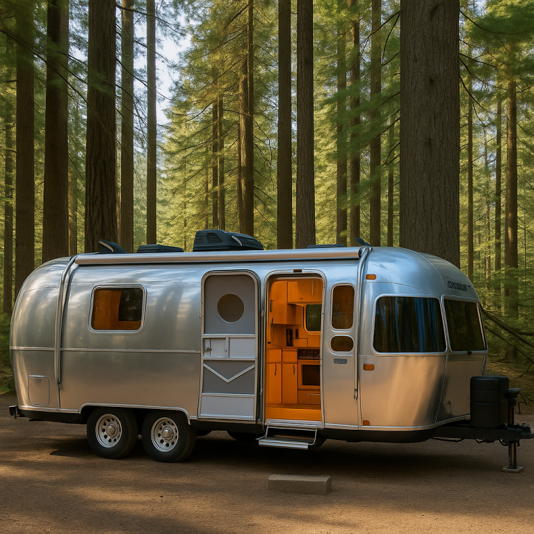 Aerotrail Caravan – Stilvolle Freiheit auf Rädern mit Naturbezug Aerotrail Caravan im Wald – mobiler Aluminium-Trailer mit Holzelementen für nachhaltige Einsätze als Showroom, Büro oder Wohnmobil