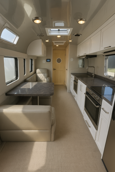 Wohnanhänger mit Küche & Essbereich – Premium-Komfort unterwegs erleben Modern ausgestatteter Wohntrailer mit Küchenzeile und Sitzbereich – ideal für komfortables Reisen