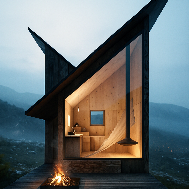 Design-Tiny-House Nordlich(t) mit Panorama-Ausblick und stilvollem Holzinterieur Tiny House mit asymmetrischem Pultdach, Holzverkleidung und großer Fensterfront – modernes Design mit Feuerstelle im Außenbereich, Bergpanor