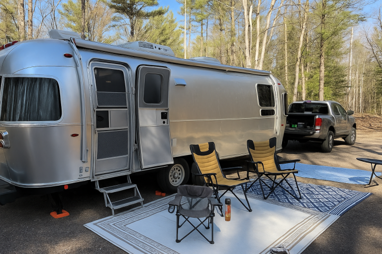 Retro-Stil US Trailer – Flexibler Caravan mit Ausstattung für Events & Messen Retro-Wohnmobil im Airstream-Stil mit Markise, Außenteppich und Campingmöbeln – mobiles Eventbüro oder Unterkunft