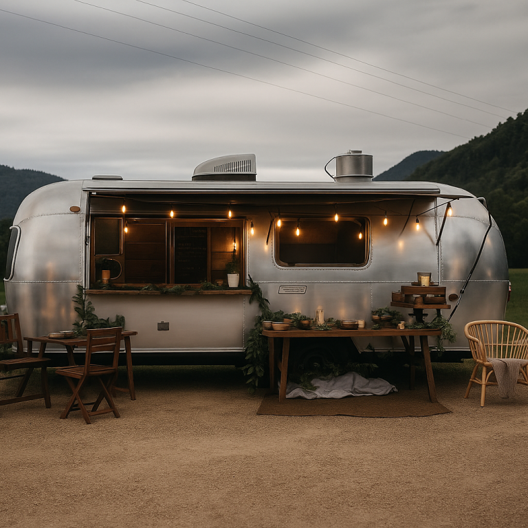 Retro-Foodtrailer, Hochzeitsanhänger, Vintage-Imbiss Silberner Retro-Foodtrailer mit rundem Design und Barbereich – perfekt für Hochzeiten, Barista-Konzepte und Branding-Projekte