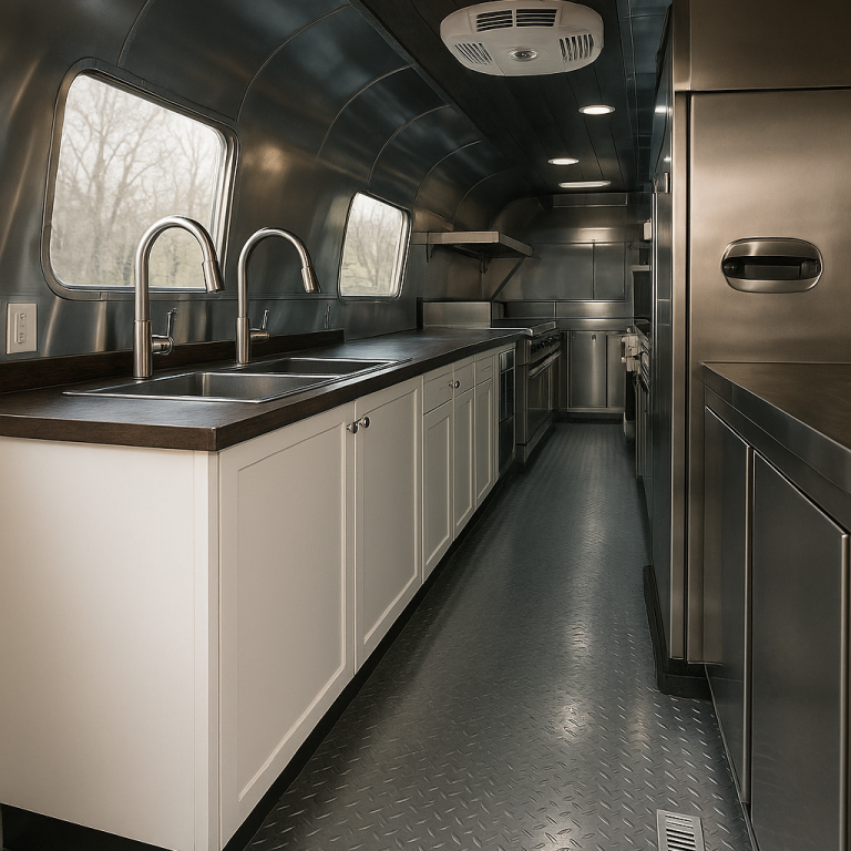 Mobiler Kücheninnenausbau im Retro-Foodtrailer Innenraum eines mobilen Foodtrailers mit Edelstahlküche, Spüle und Retro-Design – hygienisch, mobil und betriebsbereit