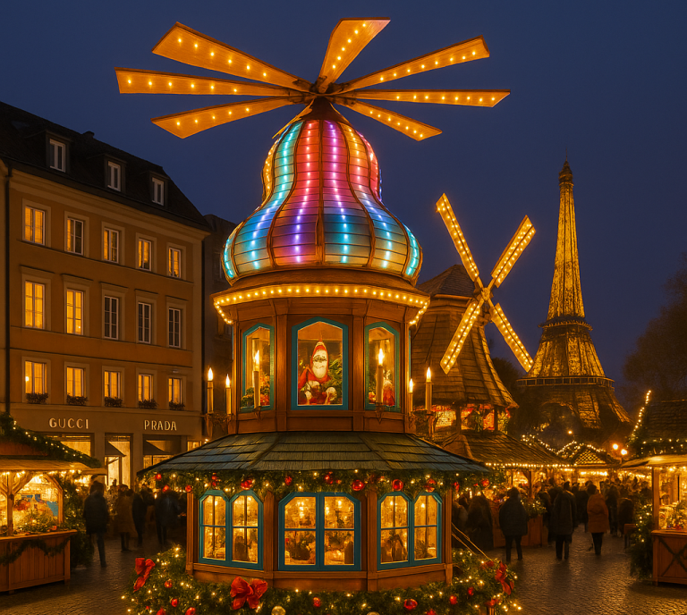 Weihnachtspyramide mit Lichtkuppel – Wintermarkt Highlight Weihnachtspyramide mit Zwiebel-Dach und LED-Beleuchtung auf einem Weihnachtsmarkt in der Innenstadt