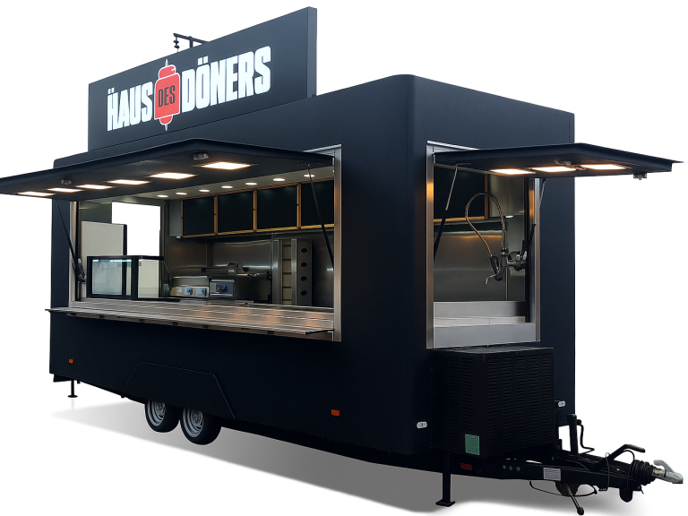 Imbissanhänger, Dönerwagen, Verkaufsanhänger, Foodtruck kaufen Döner-Imbissanhänger mit Theke, Grilltechnik, Lüftung und LED – ideal für mobile Gastronomie und Stadtfeste