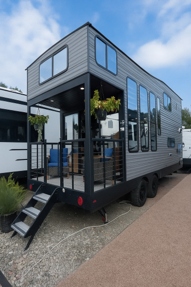 Flexibles Wohnen – TinyHaus im Außenbereich Mobiles Tiny House mit Aluminiumfassade auf Anhänger – flexibel aufstellbar bei jedem Wetter
