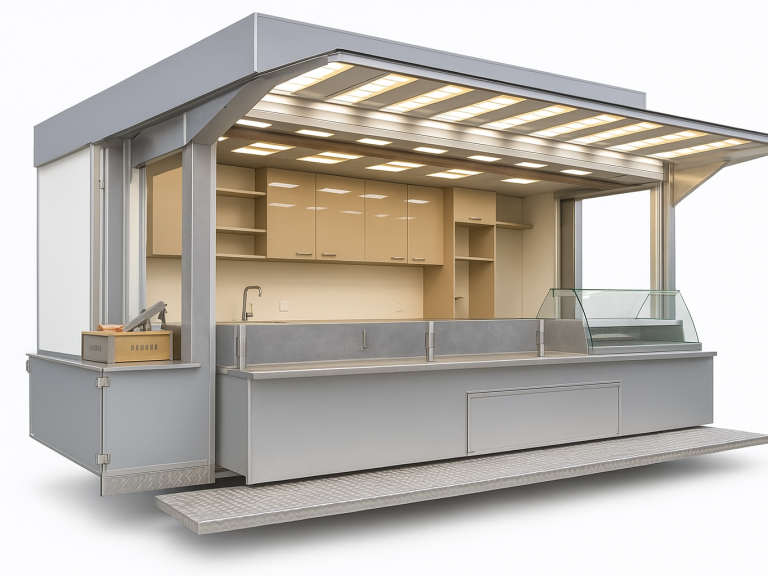 Modulare Verkaufshütten & Premium-Container kaufen – mobil & hydraulisch Mobile Verkaufseinheit mit Dachbeleuchtung & Aluminiumverkleidung