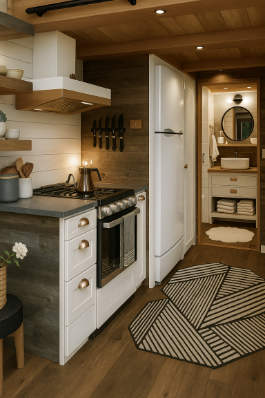 Stauraumideen für kleines Wohnen Stauraumlösungen im Tiny House – Regalwand aus Holz mit Beleuchtung und funktionalem Design