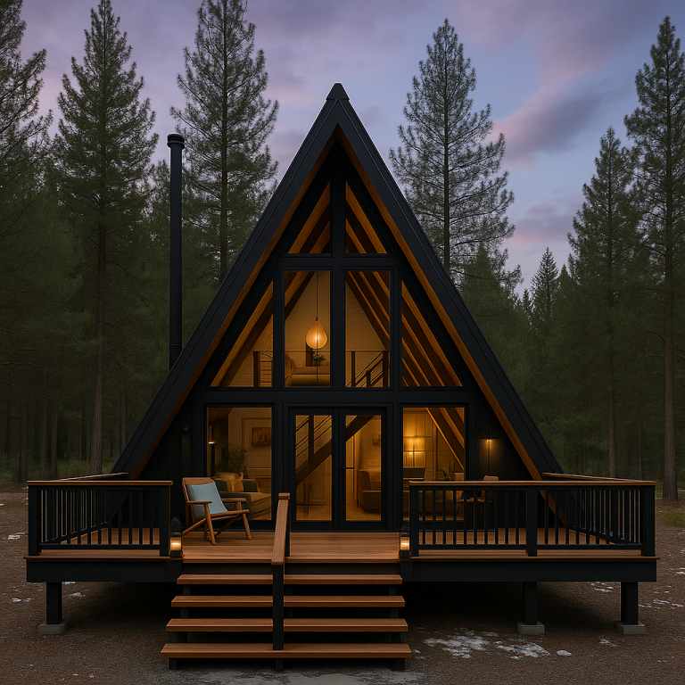 Modernes Tiny House in A-Frame Holzbauweise A-Frame Tiny House im Wald mit Glasfassade, Terrasse und Holzarchitektur im Chalet-Stil