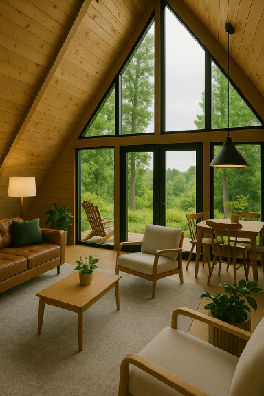 Wohnbereich TinyHaus Nordlicht Innenansicht eines modernen Tiny Houses mit großen Panoramafenstern und Holzverkleidung