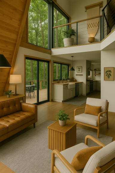 Tiny House Küche & Wohnraum kombiniert Essbereich und Küche im Tiny House – maßgefertigte Raumlösung mit Holz und Naturmaterialien