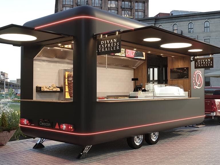 Foodtrailer kaufen – LED, Streetfood, mobil Schwarzer Foodtrailer mit LED-Leiste, Verkaufsklappe und Edelstahlküche – ideal für Streetfood und Eventgastronomie