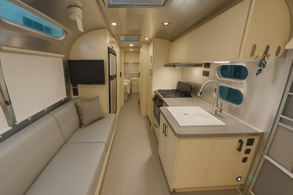 Premium-Reisetrailer – Platzsparender Innenraum mit smarter Ausstattung Luxuriöser Wohnanhänger mit hochwertiger Küche, Einbauschränken und Sofa – kompakter Raum optimal genutzt