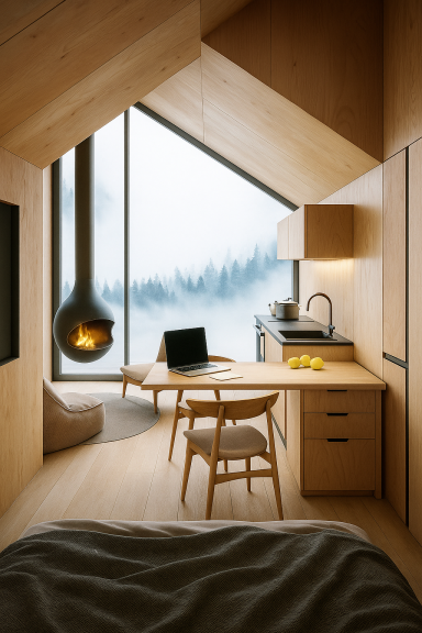 Schlafen mit Aussicht Helles Schlafzimmer mit Panoramablick und Arbeitsplatz im Tiny House