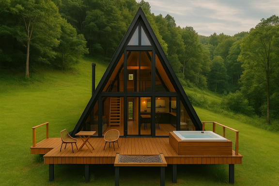 A-Frame Haus mit Terrasse Kompaktes Fertighaus in A-Frame-Bauweise mit Holzveranda – energieeffizient und modular planbar