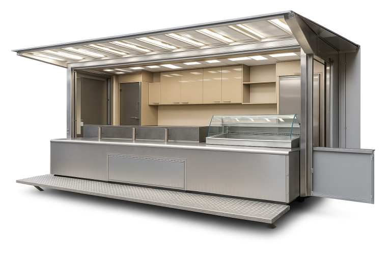 Modulare Verkaufshütten & Premium-Container kaufen – mobil & hydraulisch Hochwertiger Verkaufscontainer mit integrierter LED-Theke und Glasvitrine