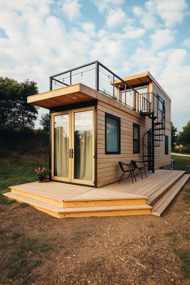 Architektur trifft Natur Modulares Tiny House mit Holzterrasse und großer Fensterfront